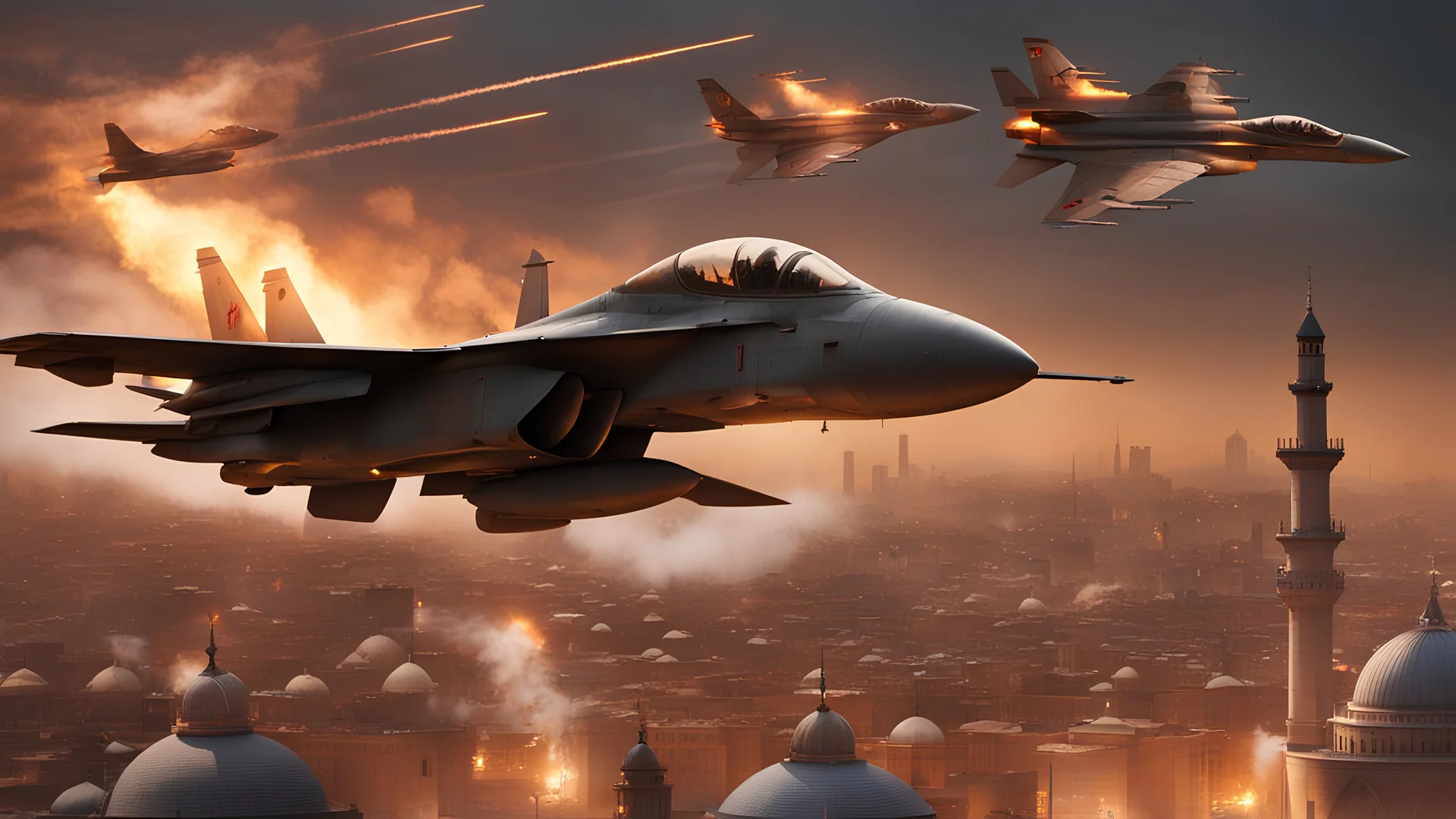 4k Photorealism: formation of burning fighter jets in the air, tense atmosphere, night lighting, city background and mosque dome