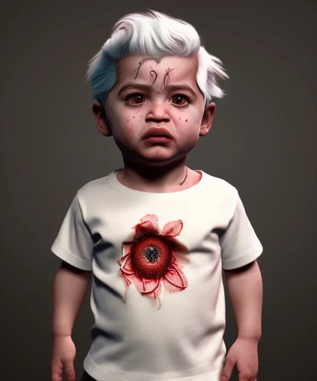 Pedro almodovar toddler, full body, white hair, floral shirt, dramatic lighting, hyper realistic