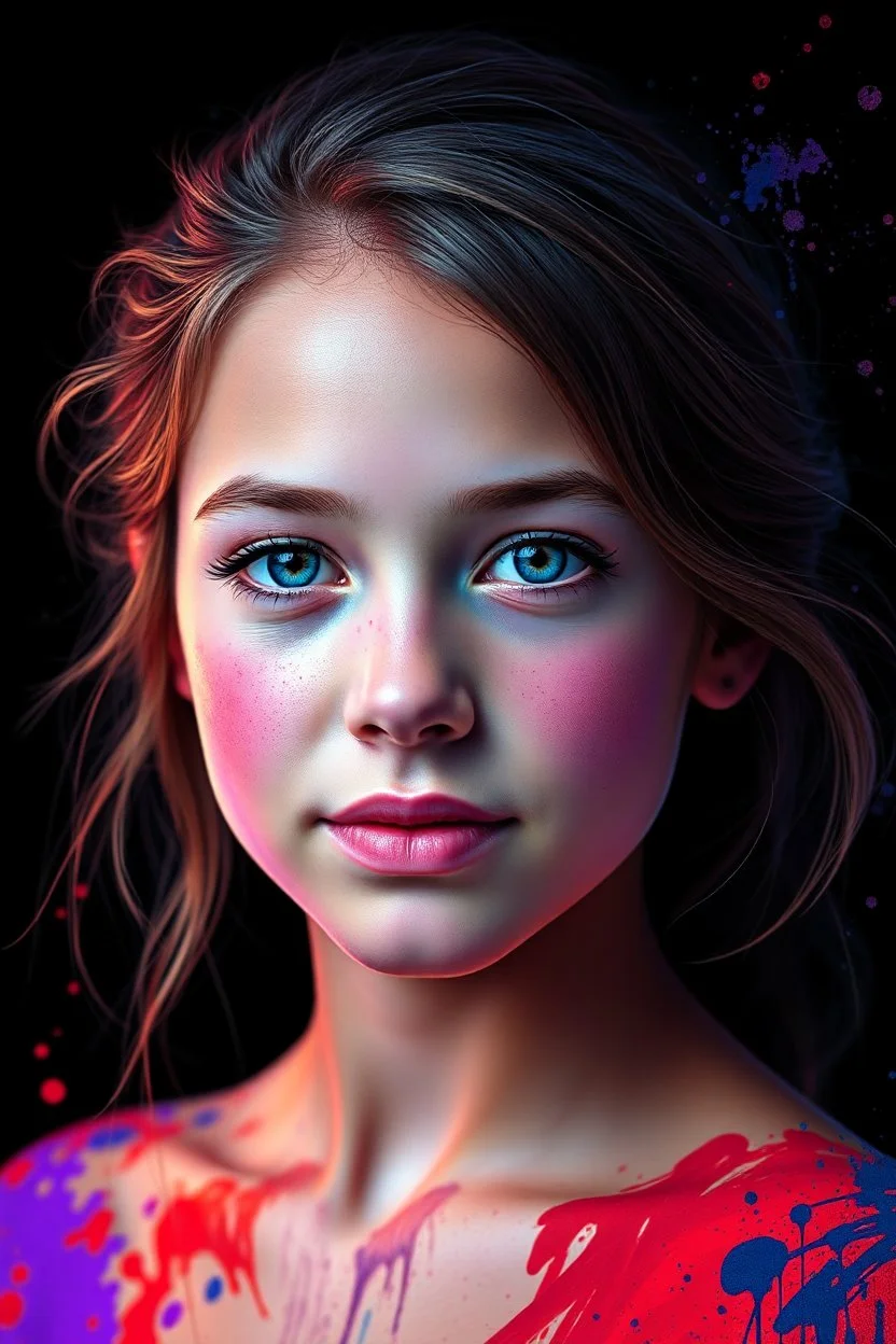 A beautiful girl portrait vibrant colors, different teint of blue, red,purple,black , 8k resolution, paint splashed 3D effect, fuller picture, black background