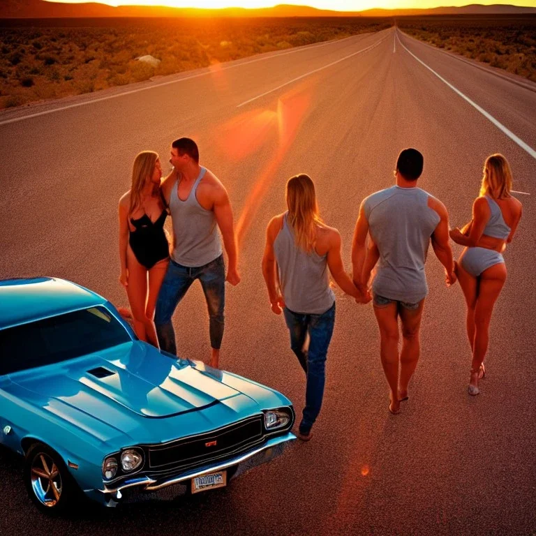 muscle car, man and woman making love, desert road, sunset, full colour,