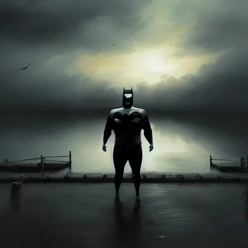 fat batman, dramatic light, lake background, sunset, dystopian setting, high contrast, sharp, neuromancer, henry dorsett case, painted by stanley lau, painted by greg rutkowski, cinematic