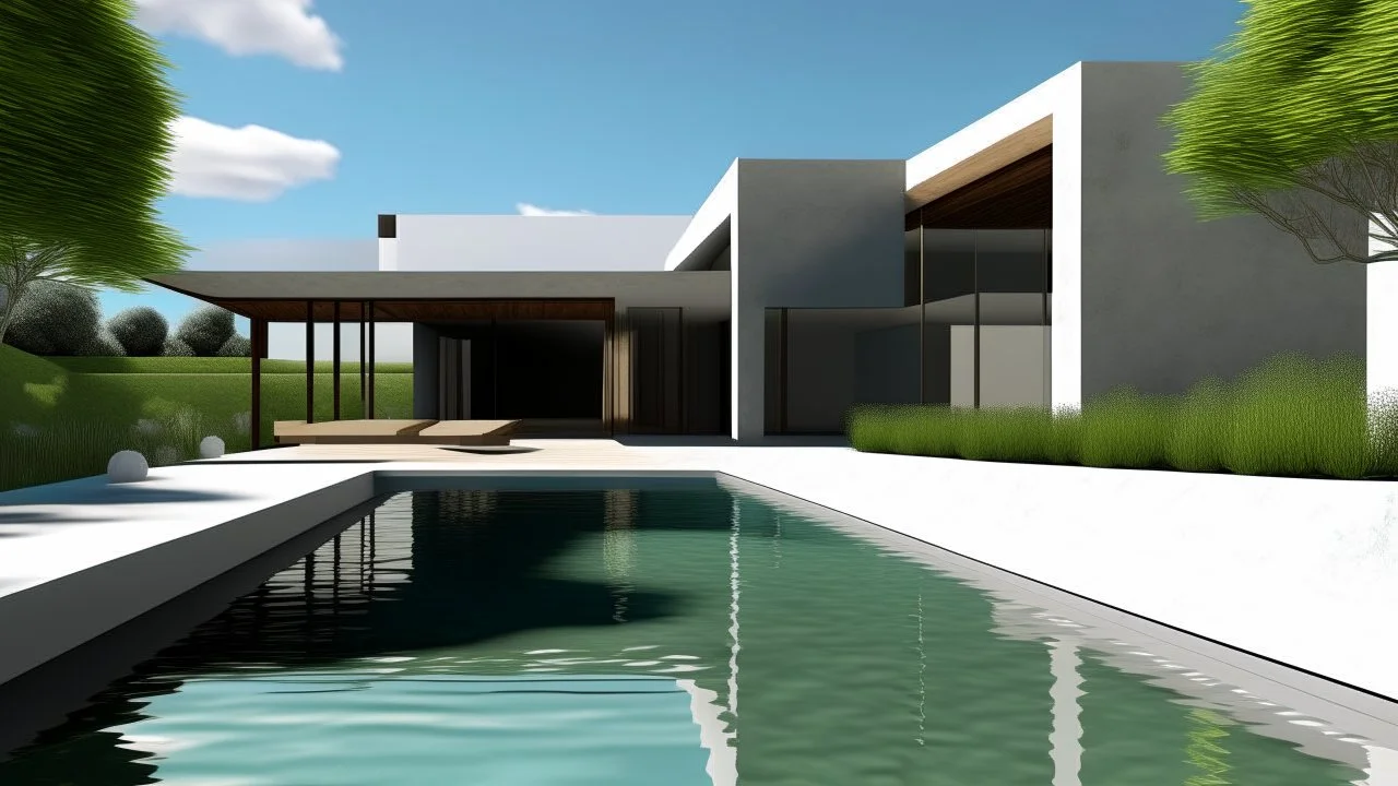 This image showcases a modern architectural style house with a minimalist design. The layout features clean, angular lines and a flat roof. The exterior walls are made of light-colored concrete, and there are three small square windows on the left side. The house has a large open space that leads to a pool with clear blue water in the foreground, where a few people are swimming and enjoying themselves. The pool area is surrounded by a concrete wall on the right. The sky is partly cloudy, adding