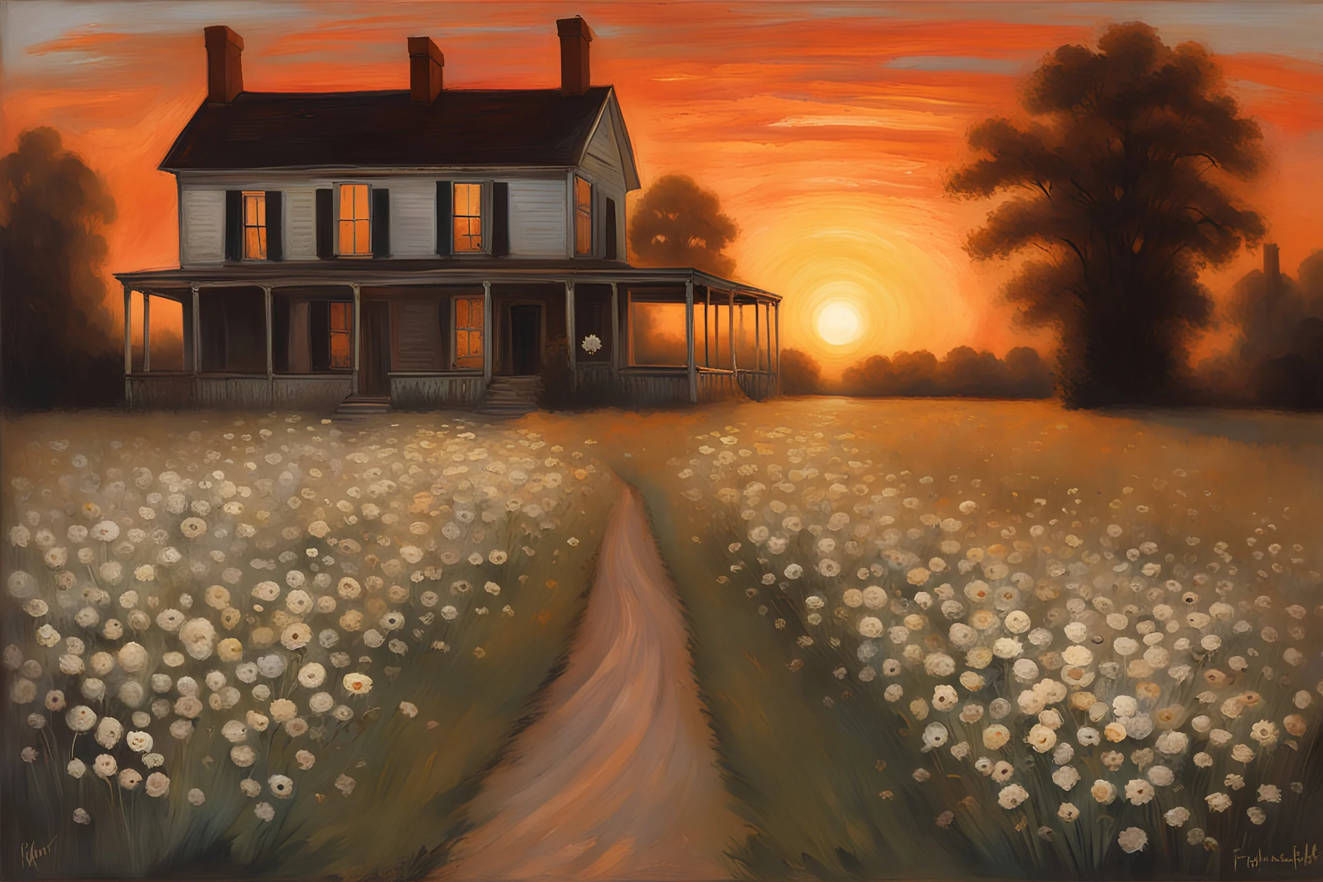 sunset, weeds, abandon old house, creepy, gothic horror influence, white flowers, people, trees, disturbing, witchcraft influence, friedrich eckenfelder, and hans am ende impressionism paintings