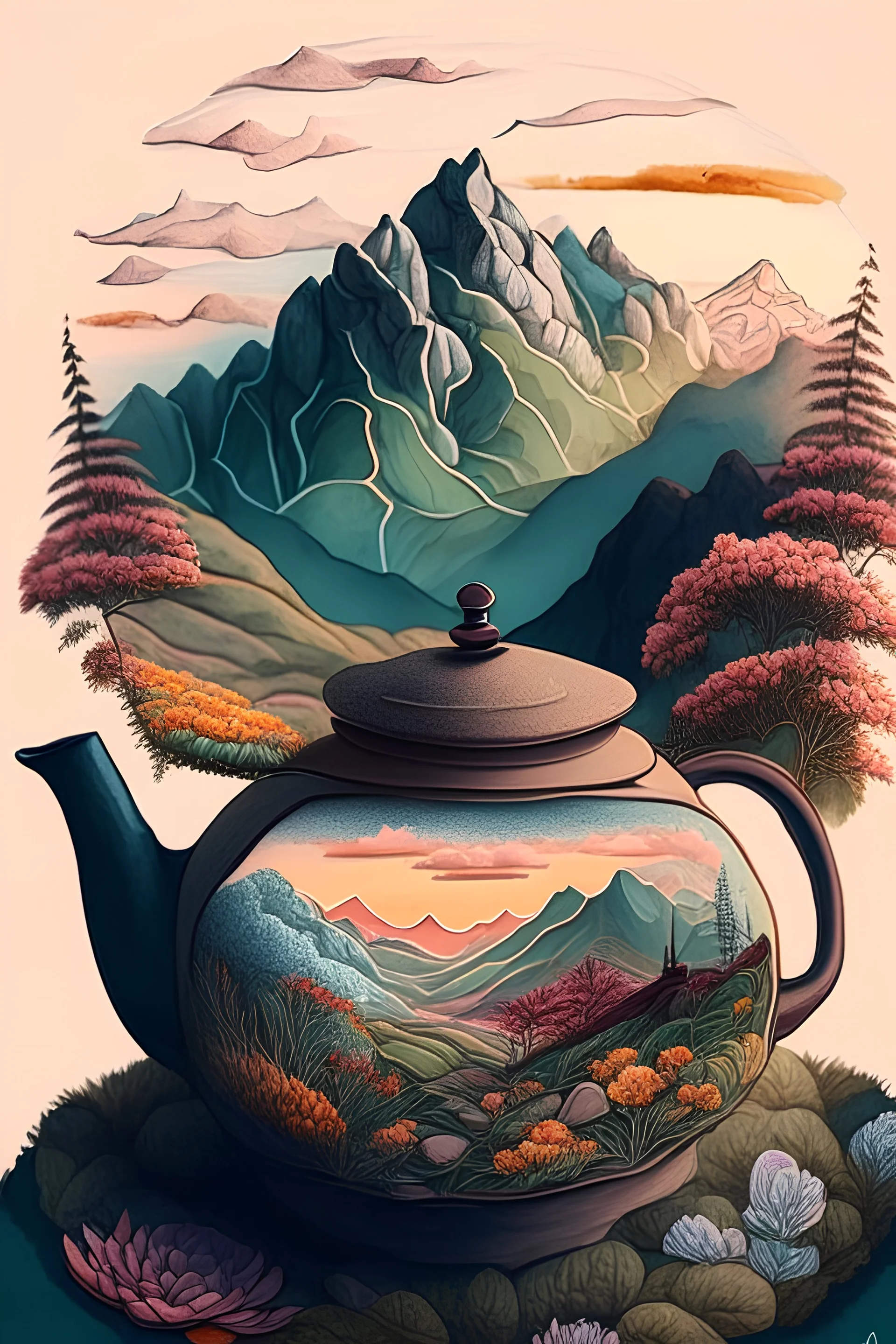 Cozy vibes drawing art tea pot, garden inside tea pot, mountain range in background