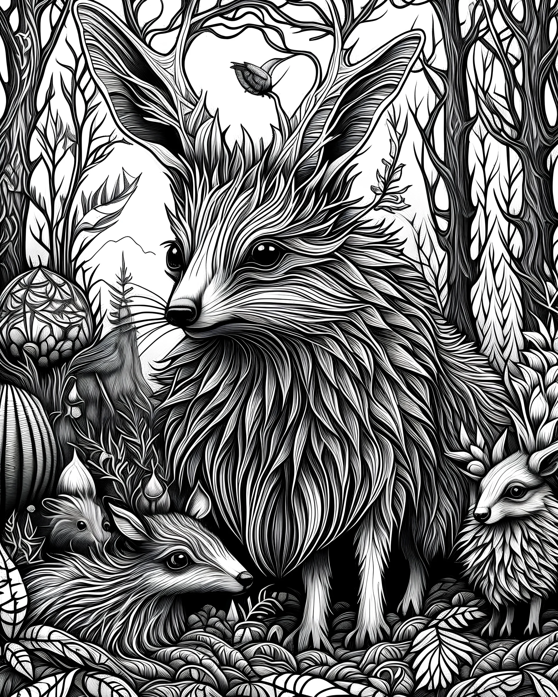 forest animals, coloring page, perfect composition, beautiful detailed intricate insanely detailed octane render trending on artstation, photorealistic, soft natural volumetric cinematic perfect light, chiaroscuro, masterpiece, oil on canvas, raphael, caravaggio, greg rutkowski, beeple, beksinski, giger, black and white still, digital Art, perfect coloering page,,white, ((((black and white)))))