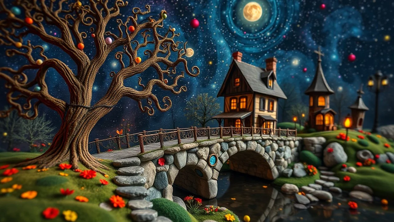Photograph hasselblad h6d400c --ar 85:128 --v 6.0 of a fairy old bridge, tree, old bewitched house, made of felt, art, 3d deep field, Joan Miró, wide angle landscape scene, galaxies, creepy, needlepoint, abstract silhoutte, expressionist style, colorful holiday