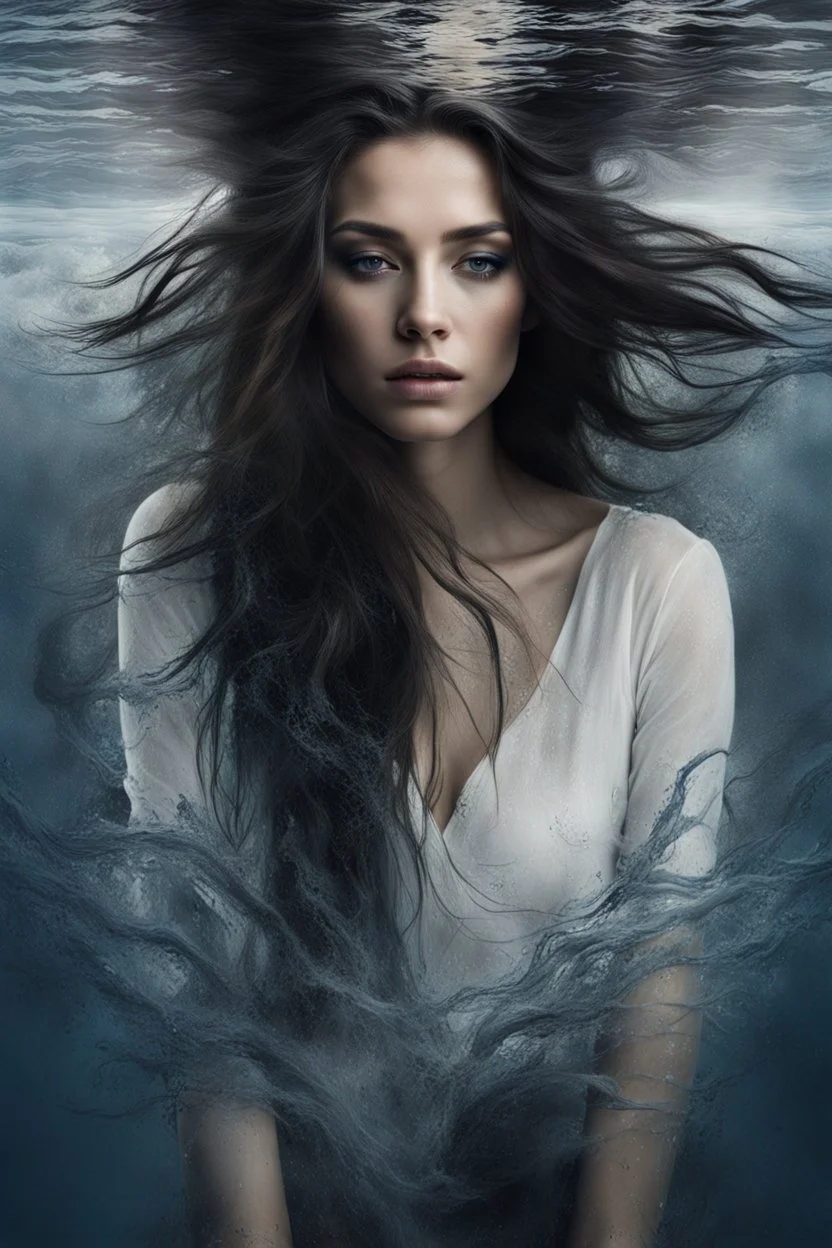 matte painting of a beautiful woman's face just under the surface of the water, close-up, sad, peaceful, beautiful, long messy hair, minimal colors, rough paint strokes, black, white, and a hint of dark blue and silver, paint strokes, insanely detailed, detailed matte painting, deep colors, intricate detail, splash screen, mystic, complementary colors