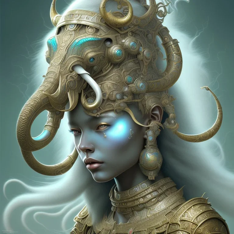 ssango fantasy, fantasy magic, intricate, sharp focus, illustration, highly detailed, digital painting, concept art, matte, artgerm and paul lewin and kehinde wiley, masterpiece silver elephant head bronze Asian African girl nice breast Afo hair turquoise sun rain waves