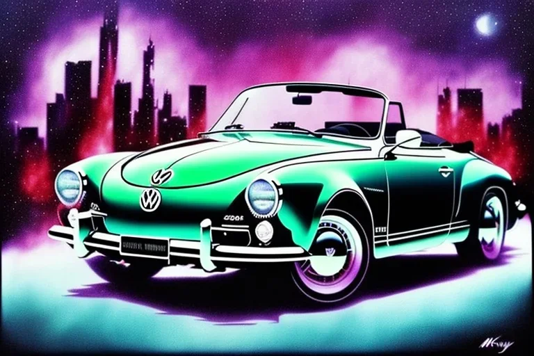 a true-to-life Volkswagen Karmann Ghia Cabrio, centered, intricate, extreme detailed, photorealism, center view, city background, pivot on volkswagen, pen and color marker painting by cheryl kelley