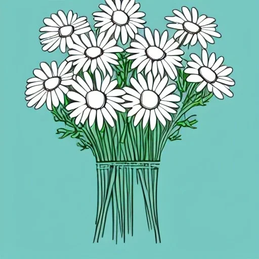 illustration of a bouquet of white daisies, digital illustration, fine lineart, vector art, photoshop, plain solid color background, minimalist art