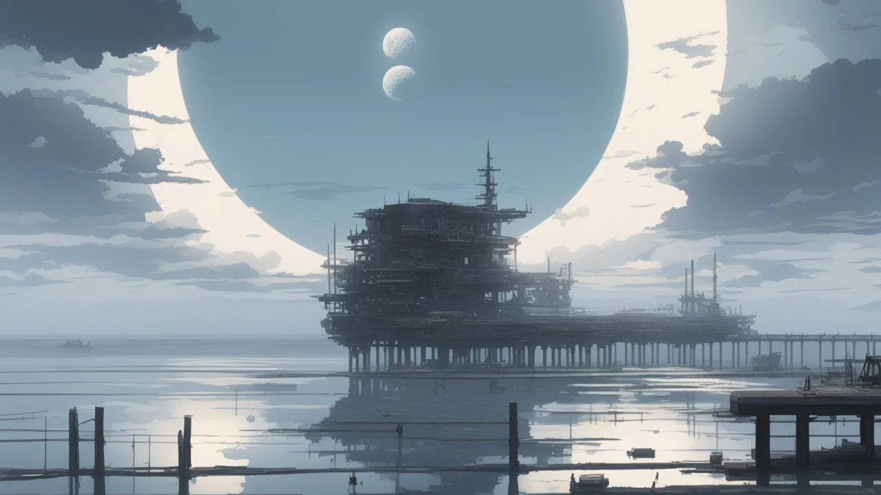 giant half transparent moon, glitchy, blurry, mechanical, sci-fi, maximum quality, centered on frame, far view, seaside, white sky with cumulonimbus, anime, makoto shinkai style, japanese pier, rusty, decrepit, foggy, grayscale