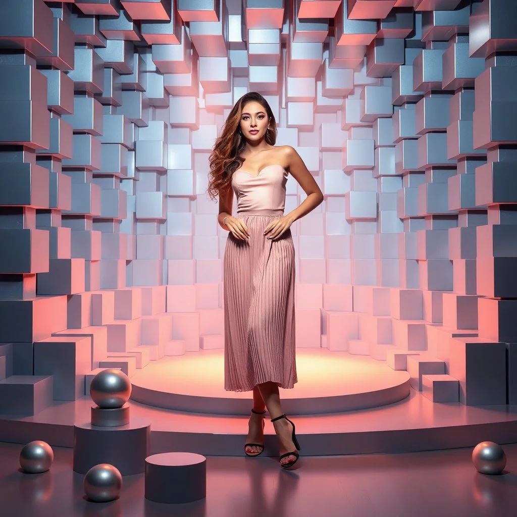 make a picture pretty stage made of metallic blue-gray teme 3d recursive cubic and sphere and cylinder base structures and a beautiful fashion model lady standing with cute in scene with sexy top and pretty pleated midi skirt ,makeup curvy long hair,dynamic camera zoom to full body and pan, dynamic lights.