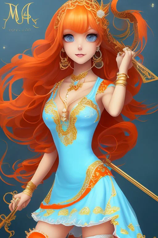 Full body of beautiful girl nami, Hair Color: Orange, Style: Wavy, Outfit Top: Blue, Outfit Bottom: Orange, Shoes: Brown, Accessories: Tangerine, Weapon: Clima-Tact, Hat: Straw, Tattoo: Pinwheel, Earrings: Hoops, sophisticated,, beautiful woman, hyper realistic, hyperrealism, photoreal, realistic, photorealistic, soft pastels, full-body, standing, long shot, wide angle, aesthetic