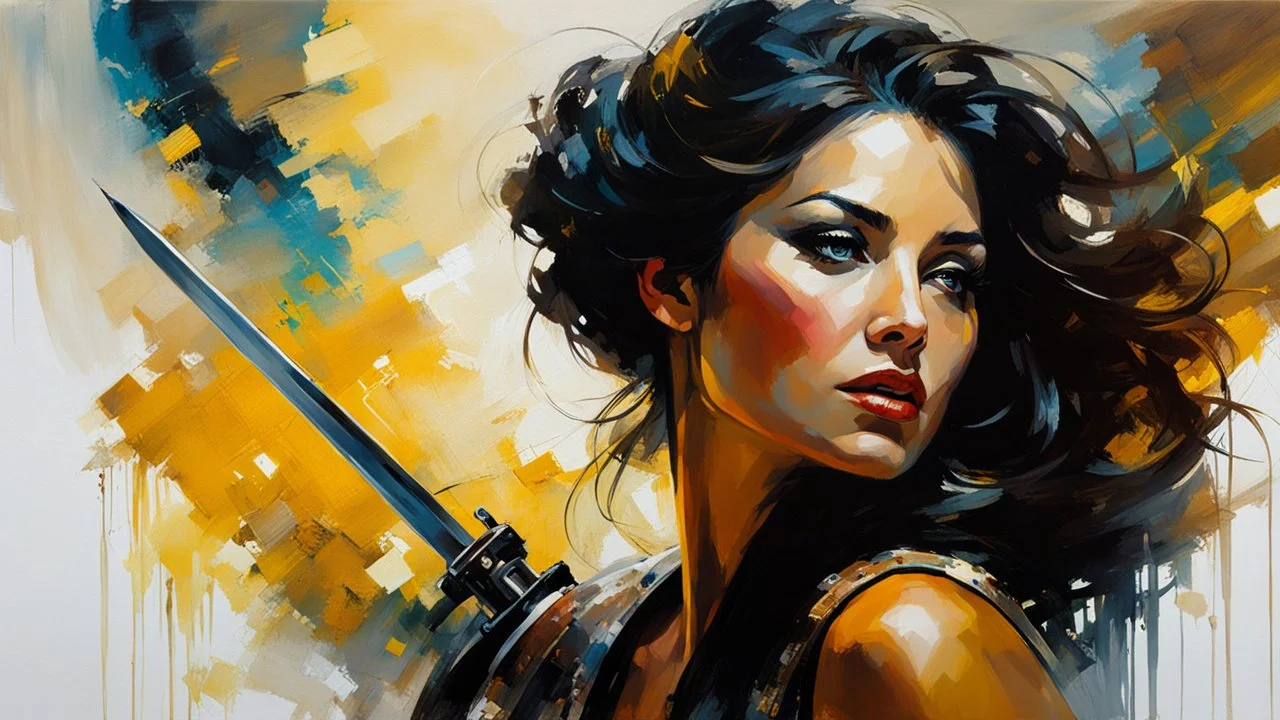 portrait of a woman warrior :: Robert McGinnis + Jeremy Mann + Carn Griffiths + Leonid Afremov, clear contours, detailed