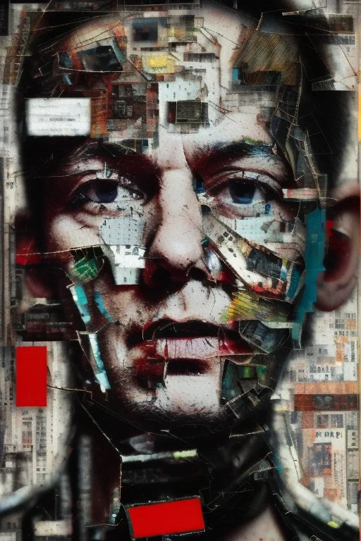 Ultra detailed medium portrait painting of close-up disturbed person looking into the camera lens , torn up collage of clippings, broken circuitry background, matrix effects, punk visual art, punk art aesthetic, graffiti art, pop surrealism, collage art, cluttered paint glitches