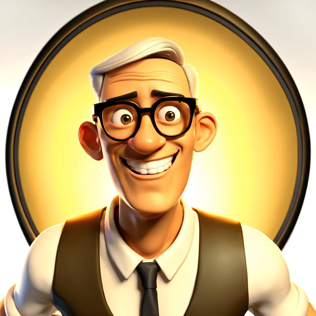 a portrait of smiling man. caricature. black rare hair. light brown skin. black eye pupils. circle eyeglasses, thin gold frame. rectangle face shape. white shirt with black vest. pixar style. 3D. 4k. portrait. highly detailed. sharp focus. high resolution. full color. cinema lighting