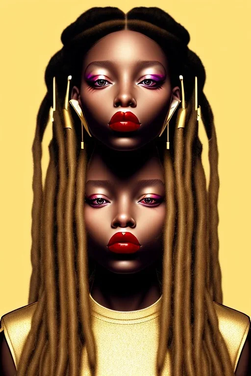 Little Simz, grown woman, dreadlocks, gold jewelry, lip gloss, brown lipstick, gold eyeshadow