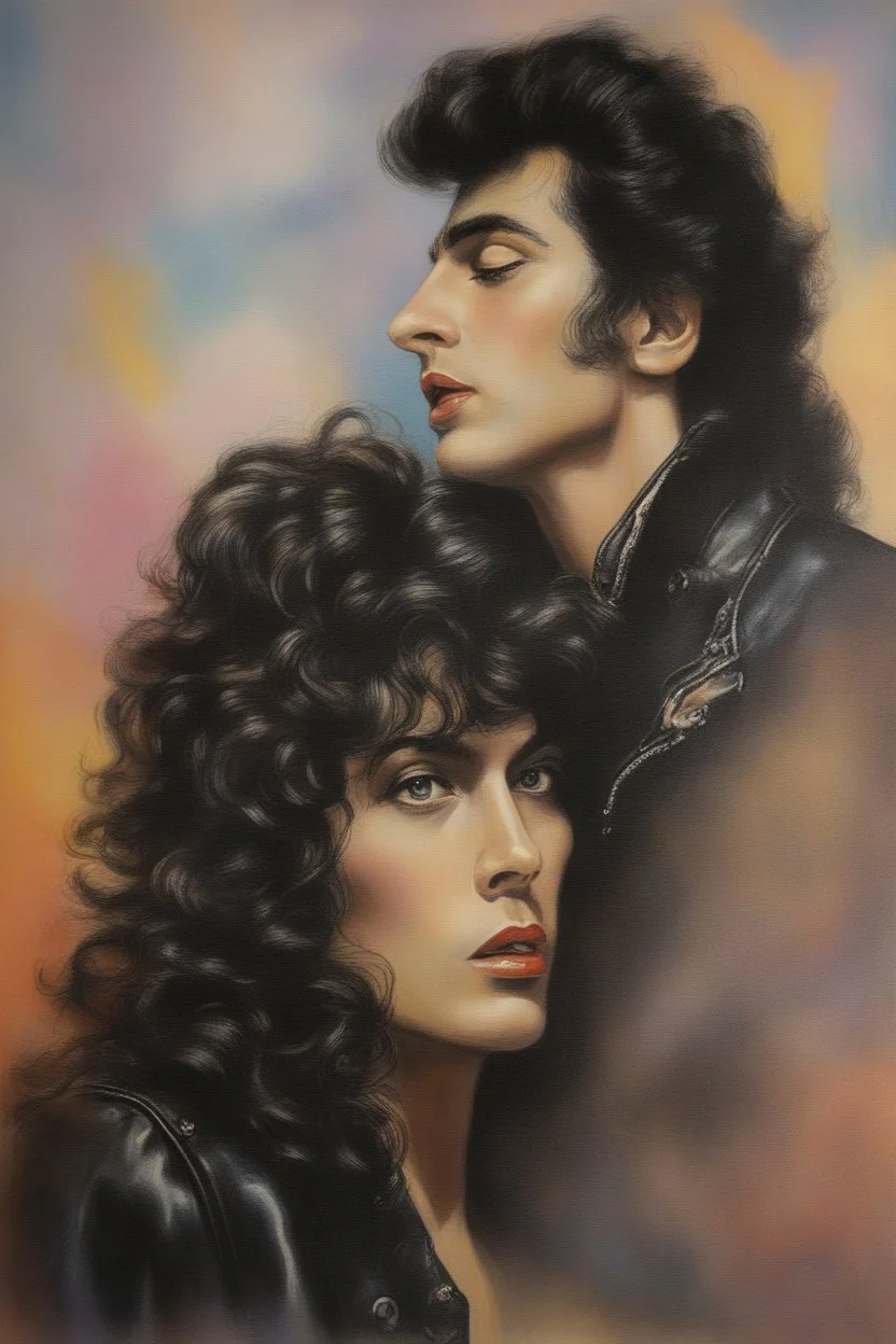 oil painting, text "KISS" - facial portrait with makeup - 20-year-old Dean Martin with long, wavy curly black 1980's style big hair, wearing a black leather jacket, extremely colorful, multicolored watercolor stained wall in the background - in the art style of Boris Vallejo, Frank Frazetta, Julie bell, Caravaggio, Rembrandt, Michelangelo, Picasso, Gilbert Stuart, Gerald Brom, Thomas Kinkade, Neal Adams - explosions, flames, fog, clouds, dust,