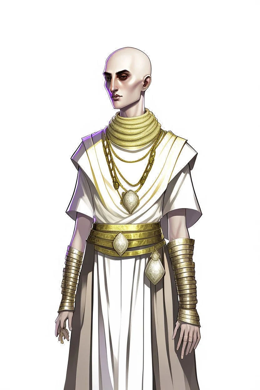 full length, tall 22-year old, shaved head, grey-eyed female human cleric with a beaded necklace wearing scale mail