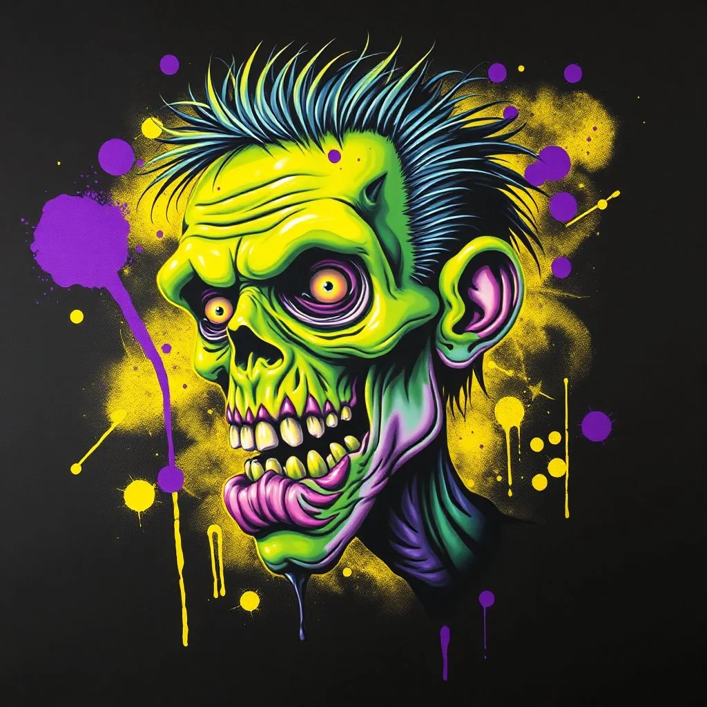 Airbrushed caricature of a horrific zombie, neon green and yellow with purple paint splatters on black background