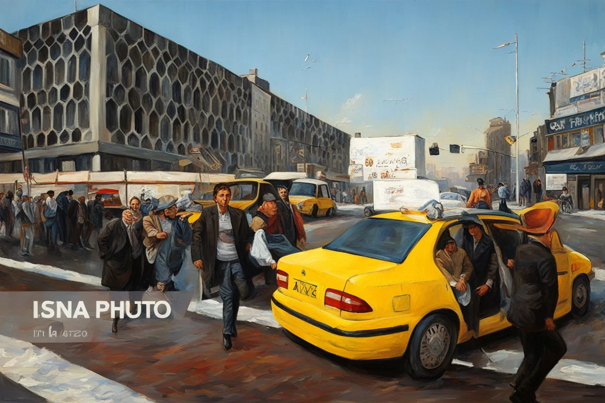 men models in a street in a taxi oil painting