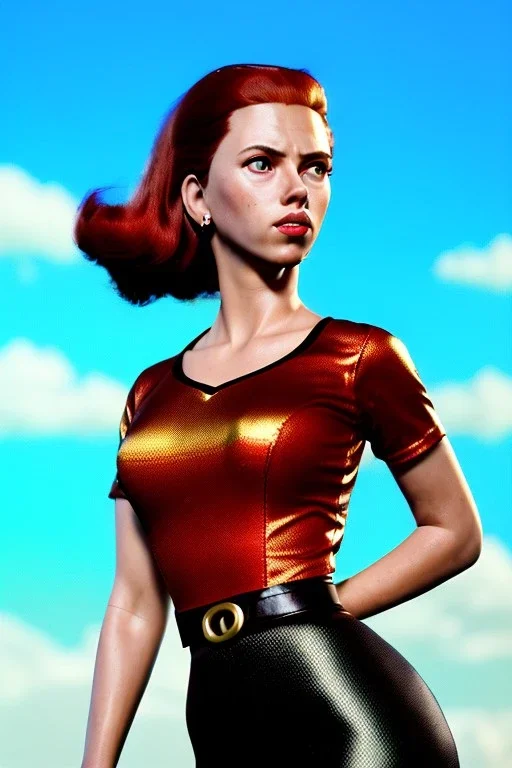 retro portrait image from 1960, sky background, wind, long red hair, fighting stance, sweet young Scarlett Johansson, black dress, classic long tight lycra black suit, weapon, gold bracelet and belt, high heel boots, soft color, highly detailed, unreal engine 5, ray tracing, RTX, lumen lighting, ultra detail, volumetric lighting, 3d, finely drawn, high definition, high resolution.