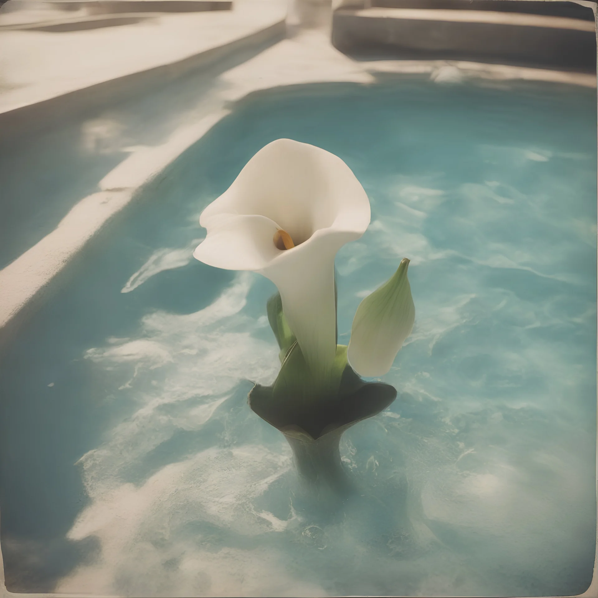 arum lily in a swimming pool, damaged polaroid, sunny day