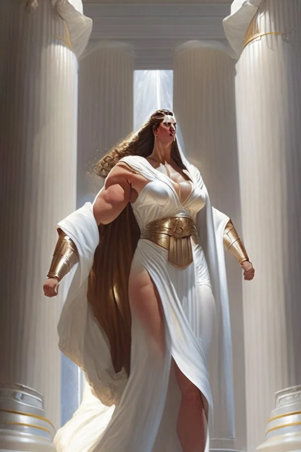 A hyper-realistic concept art of a full body fantasy tall big woman ultra muscular a hard square face and brown hair wearing the white robe of greek senators white robe, full body, fantasy woman, tall, big, ultra muscular, hard square face, brown hair, greek senator white robe, by Jaime Jones, in the style of fantasy realistic art, cinematic and dramatic lighting, fantasy character drawings, realistic drawings, digital art, Highly Intricate Details, high quality