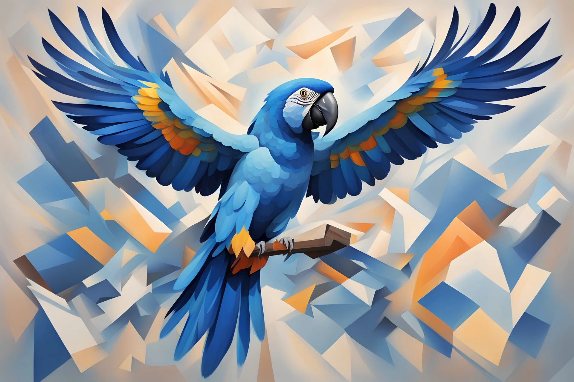 some blue macaw flying painting in cubist style