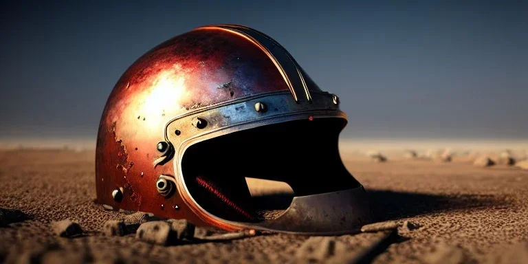 apocalypse, chaotic, magnificent, realistic, colorful, massive, epic, ray tracing, cinematic, 8k, HD, Ultra High Definition, photo film, film grain, hyper-detailed, old rusty Hyper detailed Medieval Knight helmet on ground