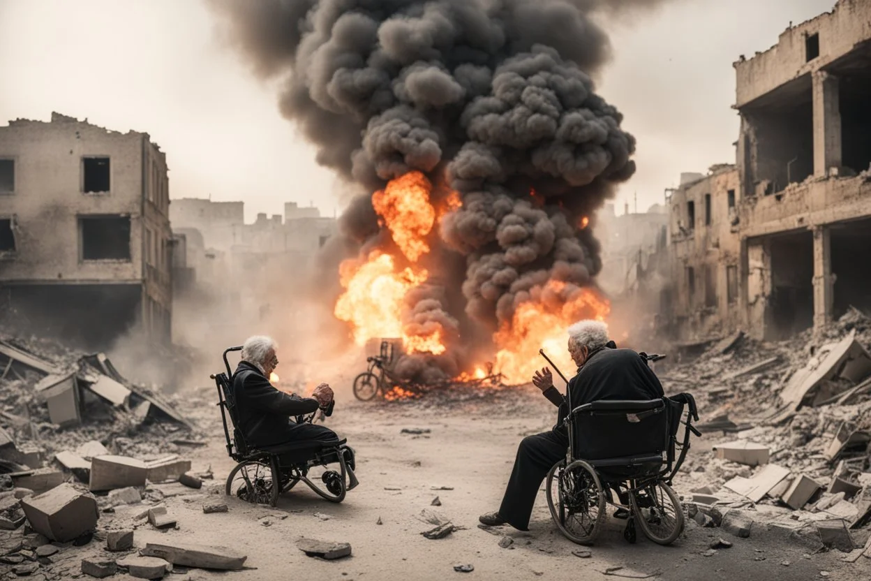 bloody elders in wheelchairs trying to escape from falling bombs in a ruined city in Palestina, smoke and fire and explosions