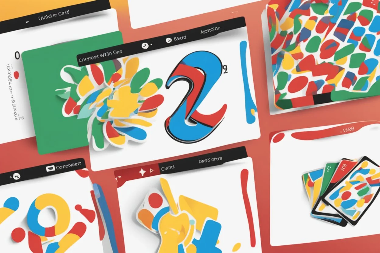 Create a vibrant and engaging image for Uno cards themed slides. Include iconic Uno card elements such as colorful numbers (0-9) and action cards (Skip, Reverse, Draw Two, Wild) of colors blue, green, yellow and red. Use a balanced composition and vibrant color palette to make the image visually appealing for presentation slides.