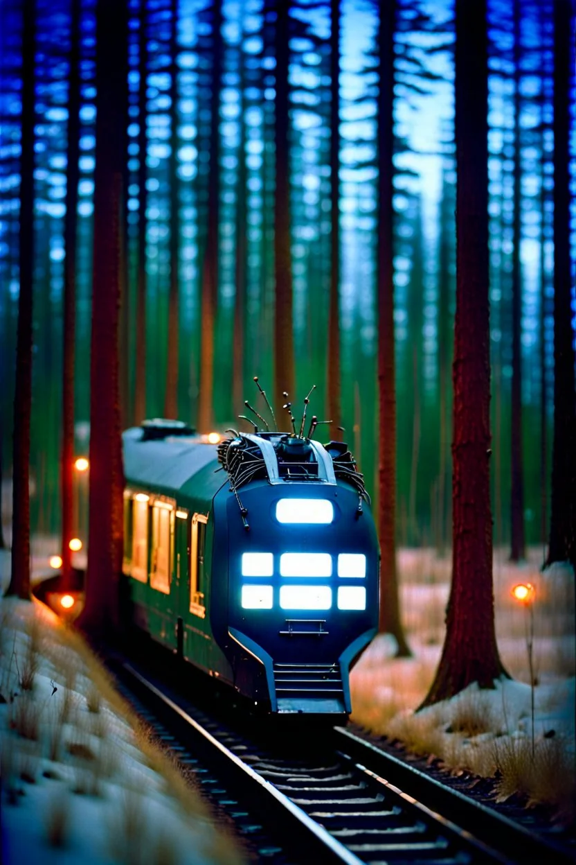 Subject( A centipede bug train robot cyberpunk futurism), Location(A forest with a futuristic train station, Forest, Alberta, night, Feb, 1994), Frame(wide shot of passenger facesinterior train), Cam( Nikon, R3, anirmorphic lens, extreme bokeh blur, analog film grain,fuji film, color fading, film scratches, mold, vinegar syndrome, dirt, dust, emulsion damage, water damage, film tears, Cinemascope mumps, gate hair)