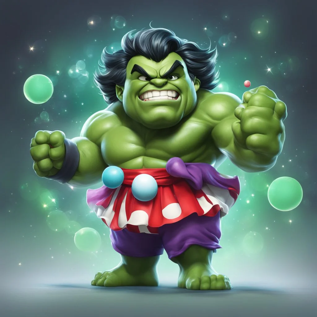 chibi cute caricature of Hulk as a 1970's clown, surrounded by will-o'-the-wisp, elegant, close wiew, dynamic pose, photorealistic rendering --ar 2:3 --stylize 500 --v 6