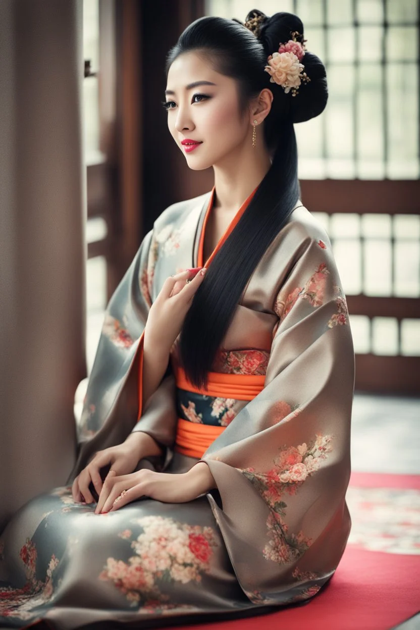 Ultra realistic photo beautiful geisha woman beauty ,one person young adult beautiful woman, sitting, clothing, women adult ,fashion dress, young women, beautiful people, indoors, full length hairstyle , ,smiling ,window looking ,sitting on floor contemplation ,floral pattern , futuristic style, HOF, captured with professional DSLR camera, 64k, ultra detailed,