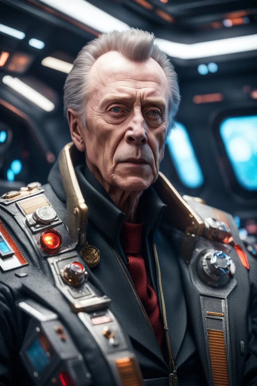 really macho pimp Christopher Walken orc wolf captain that go hard sitting in space station cockpit , in front of space portal dimensional glittering device, bokeh like f/0.8, tilt-shift lens 8k, high detail, smooth render, down-light, unreal engine, prize winning