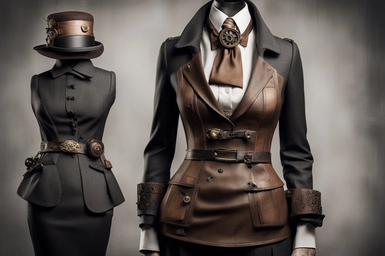 Индустриальная элегантность: облегающее платье или костюм из кожзаменителя или твида с металлическими вставками, ремнями с пряжками, небольшая шляпа или шляпа-котелок с сеткой или украшениями из шестеренок., стимпанк