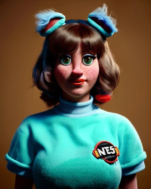 Portrait, waitress woman with monster muppet mask that covers her entire head, retro style, Sesame Street style, cyan, smooth, unreal engine 5, god lights, ray tracing, RTX, lumen lighting, ultra detail, volumetric lighting, 3d.