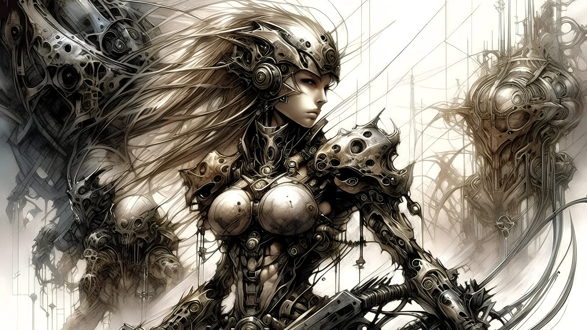 Witness the fusion of elegance and raw power as these mechanical entities gracefully navigate the battlefield, each movement choreographed like a macabre dance. Luis Royo's art style infuses the scene with an unparalleled level of intricacy, detailing the biomechanical components with precision and the terminators with a stoic, menacing presence