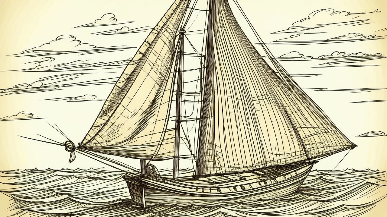 in the childish style of a 5 year old with scratchy penwork, a basic sloop, floating on water with the sail full of wind. Off to the side, the same boat mast is depicted, this time with the sail raised and tied up