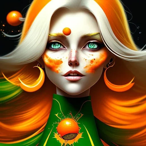 fantasy setting, woman, orange and white hair, wavy hair, freckles, ranger, more orange hair, more white hair, green eyes