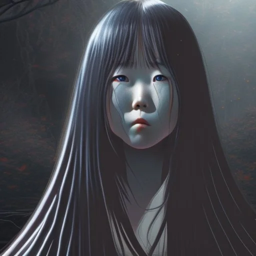 Sadako Yamamura (Ringu, 1998) ; screenshot, Dark Foggy Georgeous Horror Dark Fantasy Art by James Bousema, digital illustration, evil,wild, cold stare ,photo-realistic, 32K,dynamic colors,high details,high definition,crystal clear image,aspect ratio 33:1,DIGITAL ILLUSTRATION by James Bousema Modifiers: Nikon D850 elegant Award winning photography fantasy photorealistic very attractive