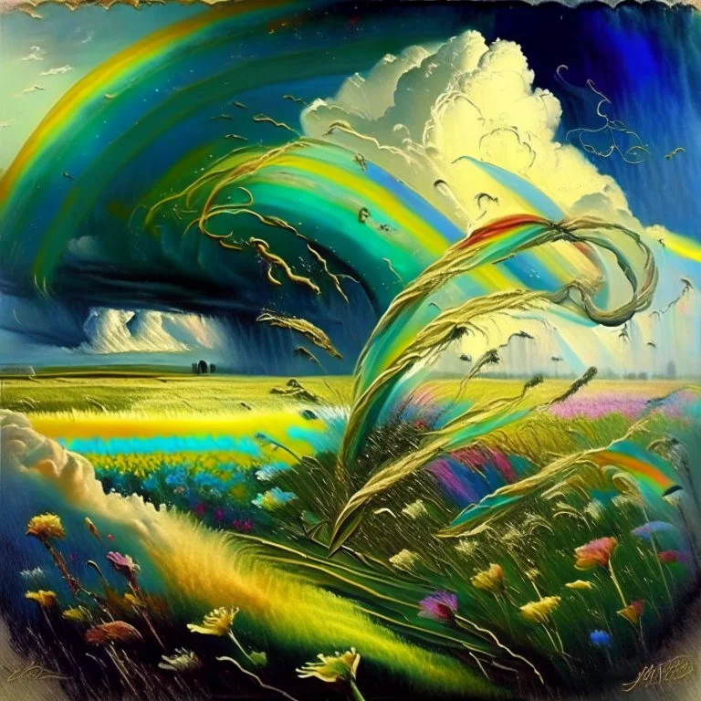 collaboration between Salvador Dali, Vincent Van Gogh, and Jean Baptiste Monge. Swirling rainbow storm clouds over a vast field of long grass and plentiful flowers swaying in the winds.