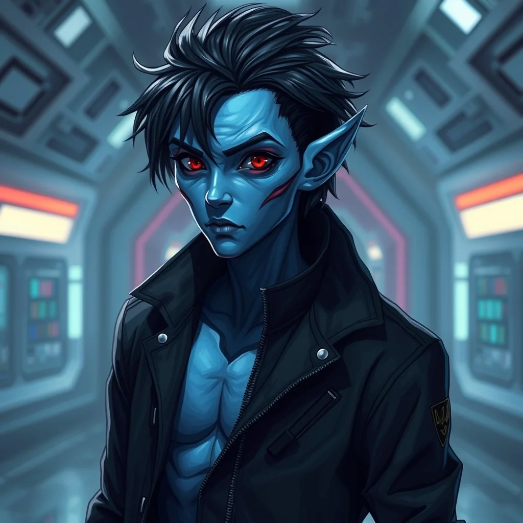 An androgynous blue-skinned alien, messy black hair and red eyes, intricately detailed, standing in a futuristic room, handsome, intricately detailed, well built, stocky, wearing a black jacket