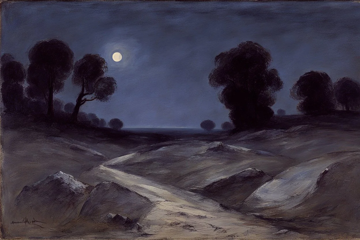 Night, rocks, trees, begginer's landscape, friedrich eckenfelder and willem maris impressionism paintings