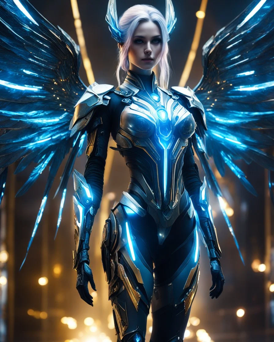 Length picture night Photography Realistic High Details,Natural Beauty,Full body Beautiful Angel Pretty woman cybernetic ,futuristic warframe armor,wings ,in Magical Planets Cosmic full of lights colors,glowing in the dark, Photography Art Photoshoot Art Cinematic Soft Blur Colors