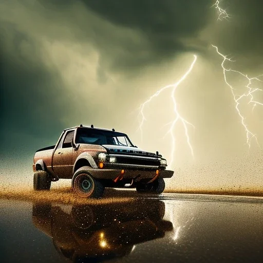 hyperrealistic shot, off-road truck, earth color palette, sharp focus, puddle reflection, tire water splash, refraction, rain and lightning on the horizon, shadowcast, detailed and intricate, cinematic composition, micro, tilt shift photography