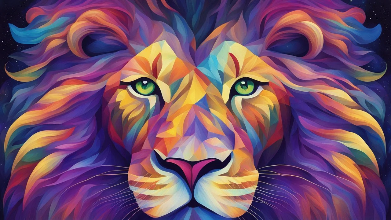 A mesmerizing abstract portrait of a lion face, where her eyes, nose, and lips are vividly depicted in a kaleidoscope of colors. The eyes sparkle like a night sky filled with fireflies, while the nose and lips showcase a vibrant dance of purples, blues, reds, greens, and yellows. The silhouette of the face houses a dreamlike landscape of a forest, evoking a sense of ethereal wonder. The background is a swirl of dark and intense hues, reflecting a chaotic and dynamic environment. The overall m