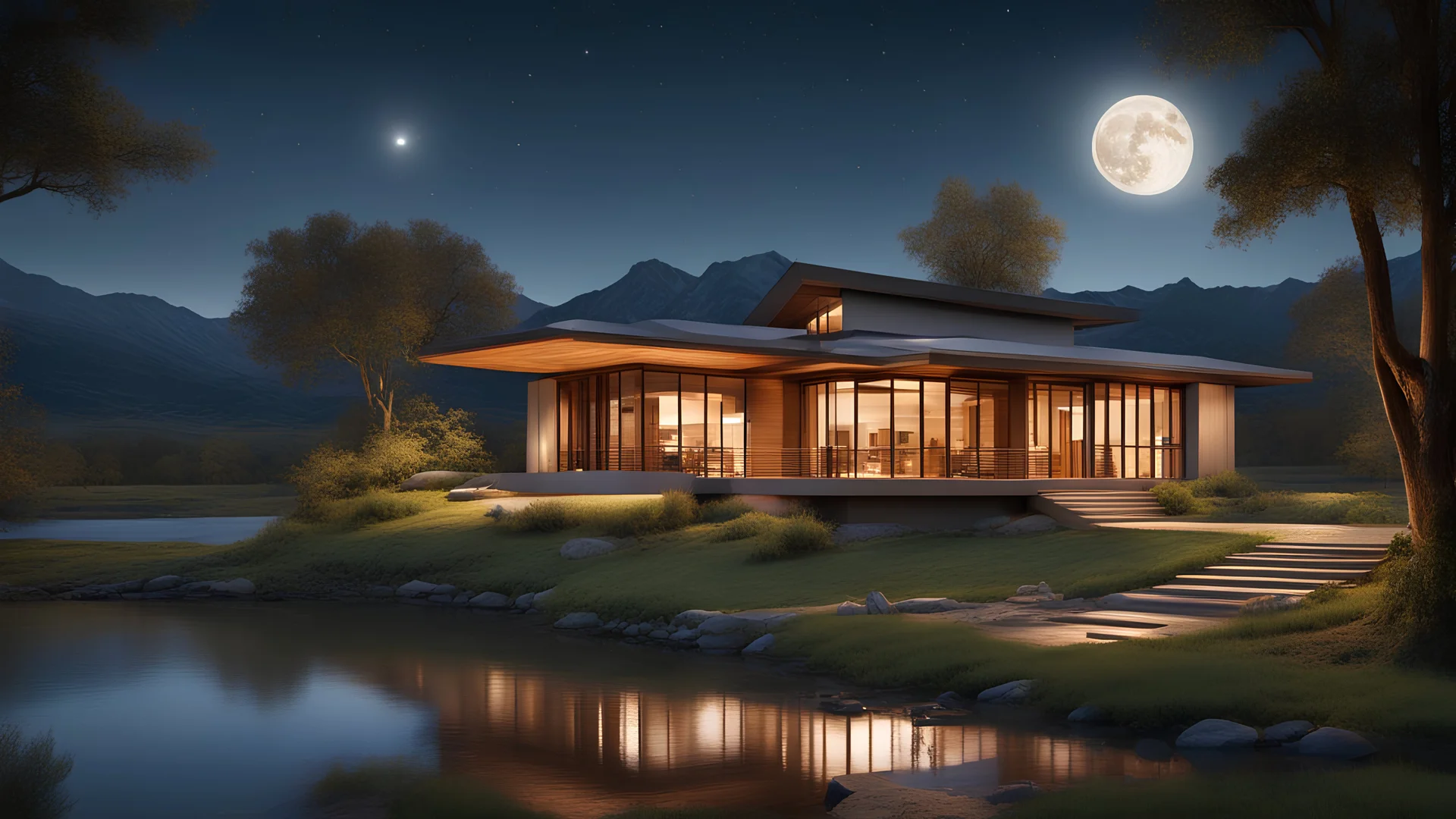 beautiful house, perfect architecture, style Frank Lloyd-Wright, rural environment, night, moon, stars, volumetric lighting, trees, river, distant mountains, award-winning photograph, photorealism, superb details, light and shade, beautiful composition, arts-and-crafts, attractive, peaceful, exquisite