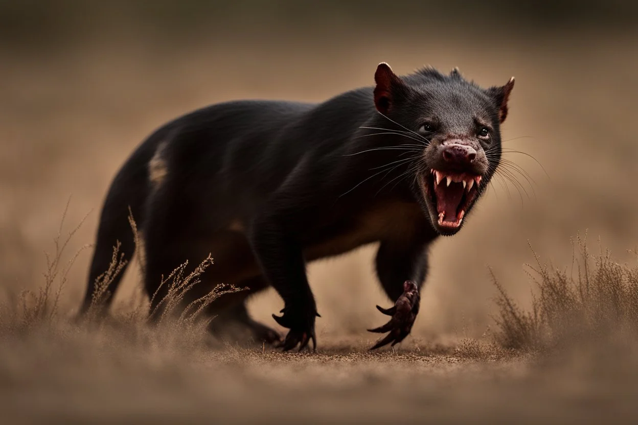 A captivating image of a attacking angry Tasmanian devil in its natural habitat., poised on a vast field with a stark contrast between light and dark, conveys a powerful sense of tension. In this expertly captured photograph, the predatory animal stands tall, its muscular frame oozing strength and dominance. The sharpness of every detail accentuates the creature's primal aura, from its razor-sharp teeth and piercing eyes to its sleek, glossy fur. This mesmerizing image.